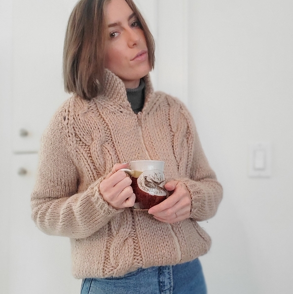 VINTAGE Chunky Handmade Knit Zip-Up Sweater - Picture 4 of 11